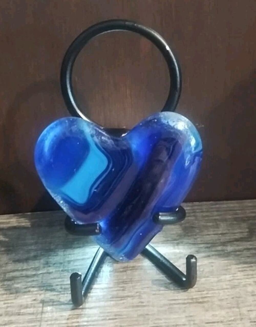 Heart Fused Art Glass Desk Metal Stand Small Gift Teacher Coworker Cobalt Blue